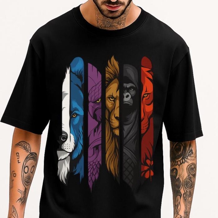 Men’s Oversized Black T-Shirt – 100% Cotton | Animal Graphic Print
