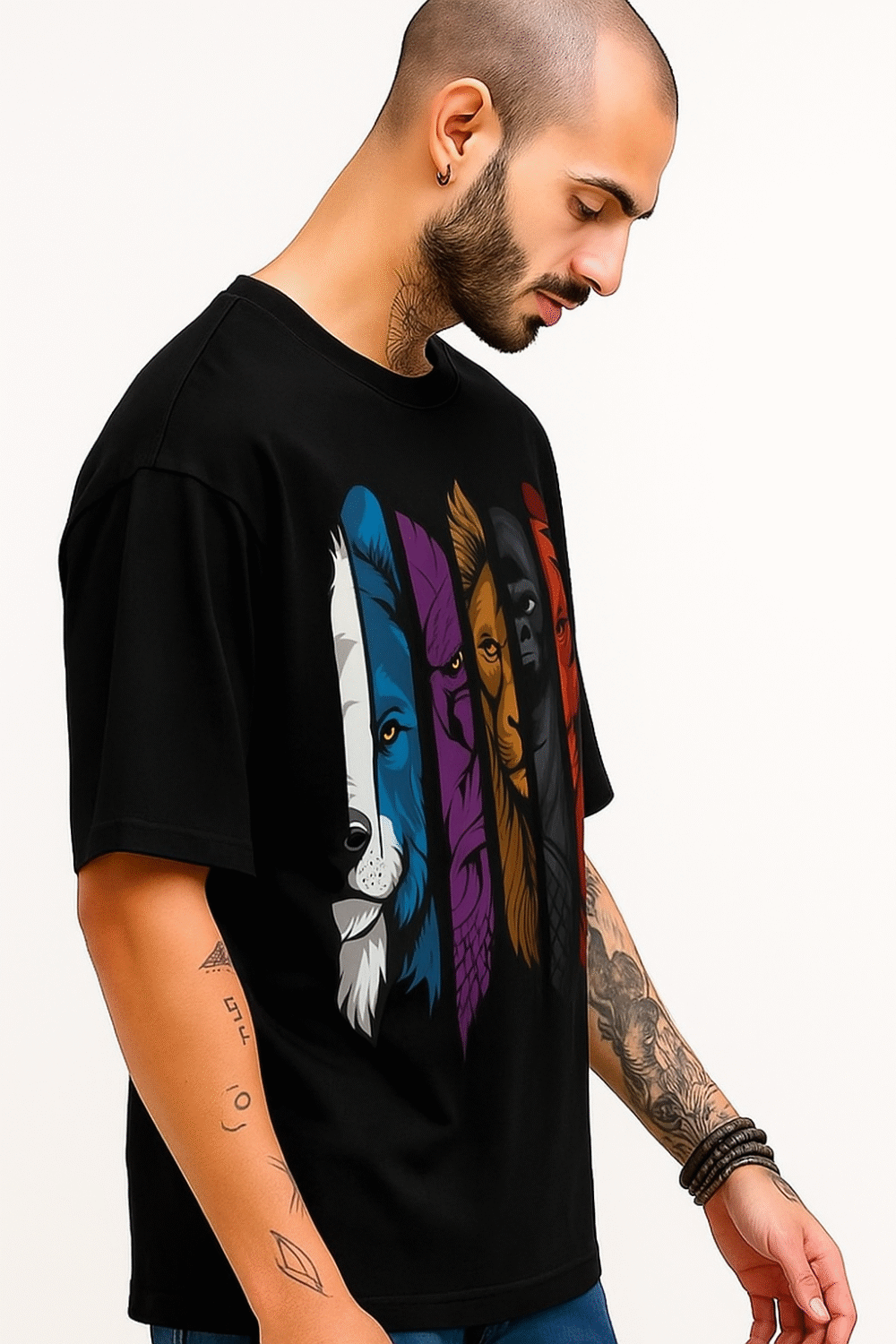 Men’s Oversized Black T-Shirt – 100% Cotton | Animal Graphic Print - Image 3